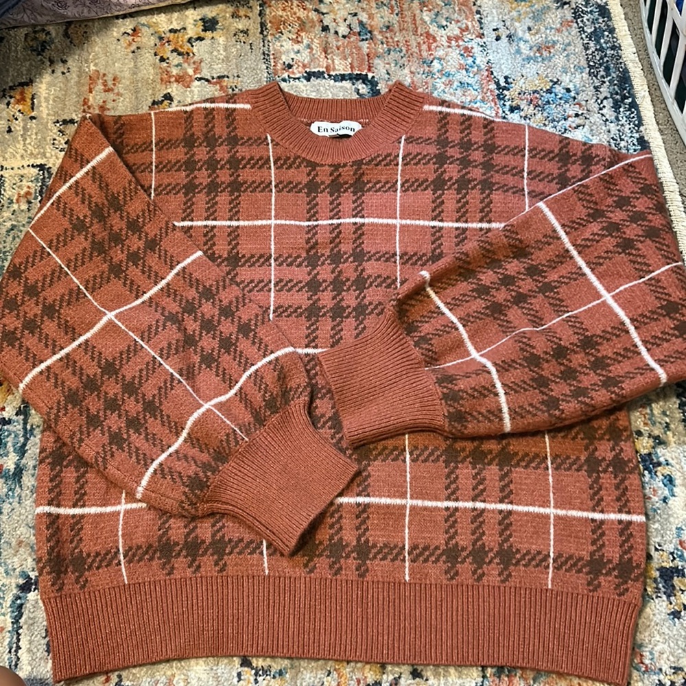 earthy red, brown and white plaid sweater